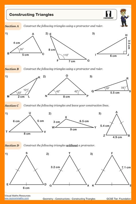 Year 8 Worksheet: Constructing Triangles Year 7 Maths Worksheets, Year 7 Maths, Protractor Ruler, Triangle Worksheet, Maths Worksheets, Math Problem, Math School, Kids Work, Year 8