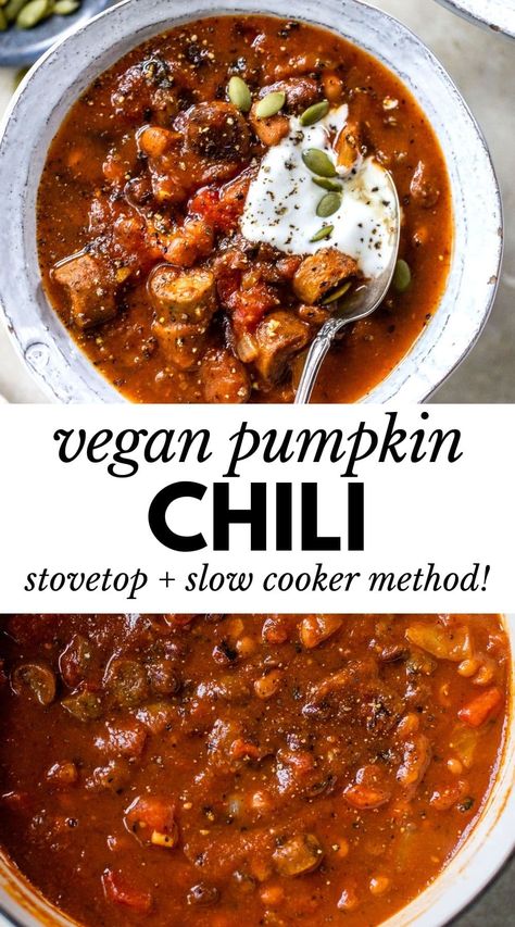 Vegetarian Chili Recipe Crockpot, Vegan Pumpkin Chili, Vegan Chili Crockpot, Sausage And Beans, Slow Cooker Vegan Chili, Quick Chili Recipe, Pumpkin Sausage, Pumpkin Chili Recipe, Healthy Vegan Dinner Recipes