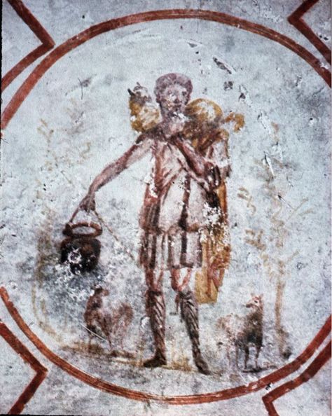 Artwork: Jesus as the Good Shepherd. From the Catacombs of St. Callixtus (ceiling); Rome. Images Of Christ, Historical Armor, Good Shepherd, Christian Artwork, Contemporary Illustration, Christian Symbols, Byzantine Art, The Good Shepherd, Jesus Christus