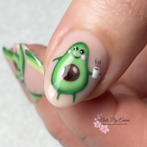 Nails By Emma’s Instagram photo: “Let’s Avo-cuddle🥑 The little avocado on the thumb is a perfect representation of me when my clients bring me hot chocolates🥹…” Cream Nail Art, Food Nail Art, Watermelon Nail Art, Ice Cream Nails, Bright Pink Nails, Matte Pink Nails, Food Nails, Nail Art For Kids, Cute Pink Nails