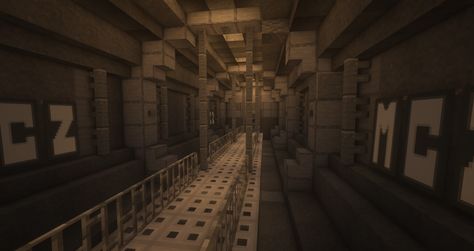 Minecraft Coridoor, Minecraft Batcave Ideas, Minecraft Scp Facility, Minecraft Vault Interior, Bunker Ideas Minecraft, Minecraft Scp Build, Minecraft Research Lab, Minecraft Bunker Interior, Minecraft Bunker Design