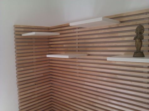 IKEA Hackers: Wraparound Mandal --- tv backdrop Horizontal Wood Slat Wall, Ikea Pictures, Wood Walls, Wood Slat Wall, Wood Wall Art Diy, Slatted Headboard, Wood Accent Wall, Headboard Wall, Ikea Hackers