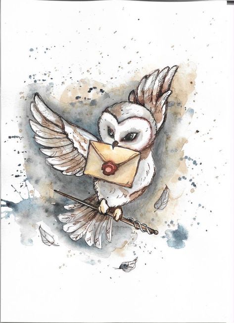 Harry Potter Drawing Ideas, Drawing Ideas Watercolor, Harry Potter Drawing, Harry Potter Watercolor, Harry Potter Sketch, Ideas Watercolor, Harry Potter Owl, Harry Potter Painting, Crazy Tattoos