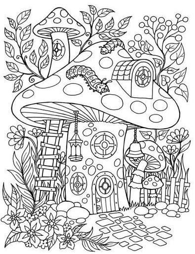 Witch Coloring Pages, 동화 삽화, Words Coloring Book, Adult Coloring Designs, Detailed Coloring Pages, Printable Adult Coloring Pages, Mushroom House, Adult Coloring Book Pages, Cartoon Coloring Pages