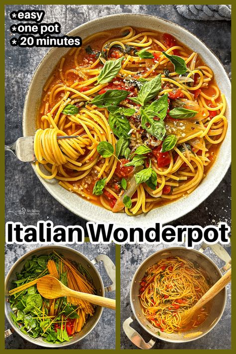 Pasta that cooks all in one pot, with fresh ingredients, and it’s done in 20 minutes – Sounds too good to be true, right? It isn’t! A meatless pasta dish, all made in your stock pot, with fresh ingredients, that is what this Italian Wonderpot Pasta is all about! Wonderpot Pasta, One Pot Pasta Recipes Vegetarian, Meatless Pasta Dishes, No Drain Pasta One Pot, Italian Wonderpot, One Pot Vegan Pasta, Vegetarian Pappardelle Recipes, One Pot Italian, Meatless Pasta Recipes