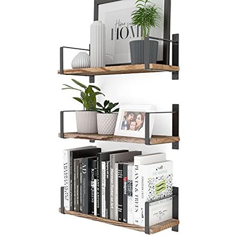 Wallniture Toledo Floating Shelves for Living Room Decor, Floating Bookshelf Set of 3, Burned Finish Rustic Wood Wall... Rustic Wood Shelves, Shelves For Living Room, Rustic Bookshelf, Floating Shelves Living Room, Floating Bookshelf, Rustic Wood Wall, Small Indoor Plants, White Floating Shelves, Rustic Floating Shelves