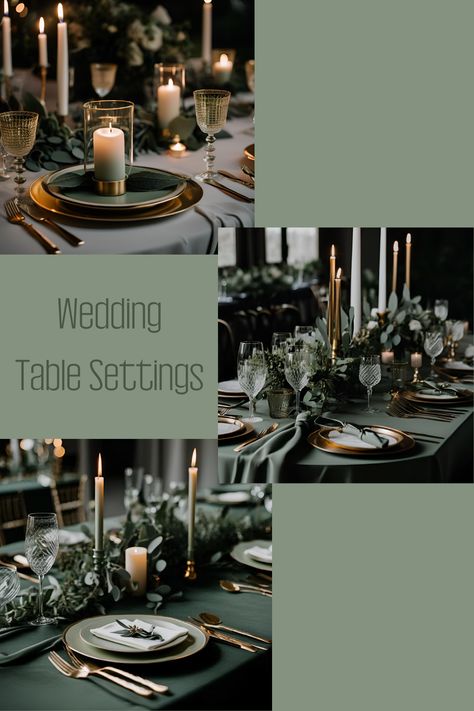 Embrace the richness of moody dark green! These stunning wedding table settings create an intimate and dramatic atmosphere, perfect for a sophisticated celebration. Let your decor reflect your unique style! 🍃✨ #DarkGreenWedding #MoodyTables #WeddingInspiration #TableSettings #ElegantWeddings #WeddingDecor #IntimateWeddings #WeddingIdeas #DramaticDecor Green Black Gold Table Setting, Dark Wedding Table Settings, Dark Green And Gold Wedding Decor, Dark Green Wedding Table, Green Wedding Table Settings, Green Wedding Table Decor, Elegant Green Wedding, Green Wedding Table, Green Table Settings