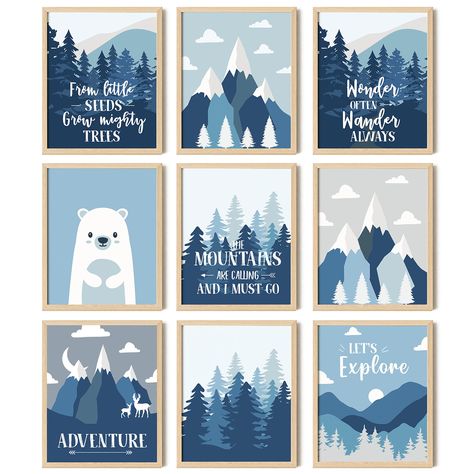 PRICES MAY VARY. BOY NURSERY DECOR: Create a serene and adventurous atmosphere with our art prints mountains nursery poster. Featuring stunning mountain baby room decor, it's the perfect addition to any mountain themed baby nursery BABY MOUNTAIN NURSERY: Embark on a journey of imagination with our adventure theme decorations. From mountain-themed wall decals to adventurous artwork, it's the perfect decor for your little explorer's room SET INCLUDES: You'll receive 9 Mountain Baby Shower Decorati Nursery Ideas Blue Walls, Blue Boy Nursery Ideas, Blue Theme Nursery, Gender Neutral Mountain Themed Nursery, Mountain Nursery Girl, Boy Nursery Mountains, Baby Room Themes For Boys, Nursery Ideas Camping Theme, Baby Boy Adventure Nursery