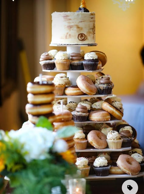 Rustic Donut Cake Wedding Ideas, Big Dessert Table, Donut Cake Tower, Cake Tower, Donut Cake, Wedding Cake Alternatives, Wedding Cake Rustic, Wedding Dessert Table, Brunch Wedding