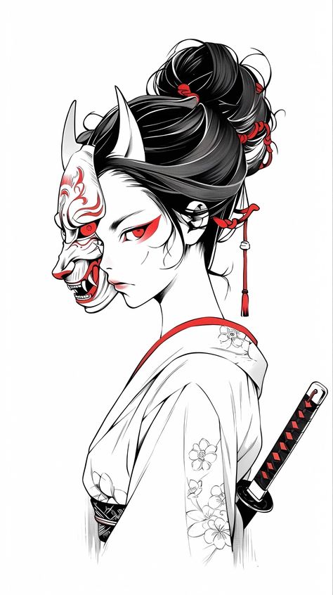 Samurai Tattoo Woman, Geisha Samurai Tattoo Design, Warrior Theme Tattoo, Geisha Oni Mask Tattoo, Oni Mask Female, Kunoichi Tattoo, Japan Girl Tattoo, Japanese Tattoo Art Feminine, Woman Samurai Tattoo