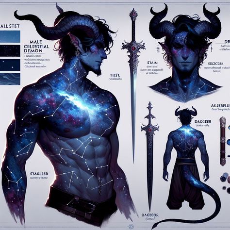 Galaxy demon character sheet made by taloknight/ silverbloom Alien Men Art, Astrology Character Design, Diety Character Art, Dnd Space Character, Space Tiefling, Celestial Tiefling, Astronomer Character Design, Male Reference Sheet, Male Alien Oc