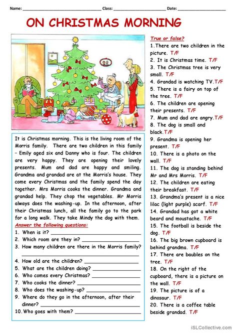 RC: On Christmas Morning: English ESL worksheets pdf & doc English Reading Skills, True Or False Questions, Family On Christmas, English Teaching Resources, English Christmas, English Activities For Kids, Christmas Reading, Christmas Worksheets, Phonics Practice