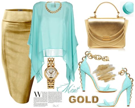 Turquoise And Gold Outfit, Amity Faction, Gold Outfit Ideas, Combo Outfits, Salon Aesthetic, Mint And Gold, Gold Color Combination, Color Combos Outfit, Gold Outfit