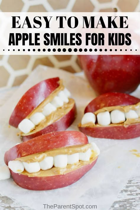 Apple Snacks Preschool, September Snacks, Apple Smiles, Preschool Meals, Snack Halloween, Peanut Butter Apple, Apple Snacks, Easy Snacks For Kids, Kids Cooking Recipes