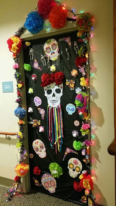 Halloween Door Decoration Coco Door Decoration, Dia De Los Muertos Door Decorating Ideas, Halloween Door Decorating Contest, Halloween Door Decorating, Crepe Paper Garland, Halloween Door Decoration, Homeroom Mom, Mama Coco, Ocean Classroom