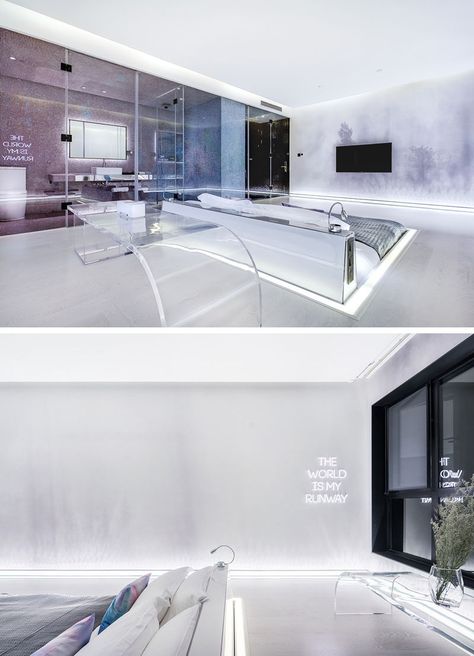 This Hotel Room Was Designed To Have The Bed Sunken Into The Floor Futuristic Design Interior, Futuristic Hotel, Room Office Design, Sunken Bed, Professional Office Decor Ideas For Work, Futuristic Room, Modern Hotel Room, Space Hotel, Office Decor Ideas