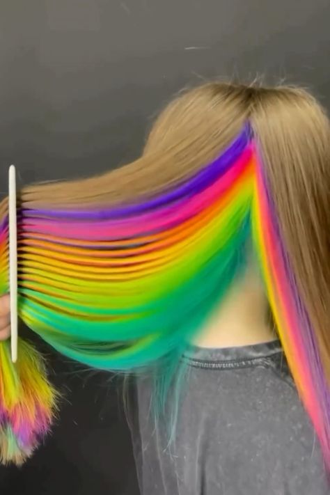 Rainbow hair colorhair trendscolorful hair Rainbow Hair Sectioning, Rainbow Color Hair Ideas, Hair Color Ideas Rainbow, Crazy Dyed Hair, Rainbow Hair Hidden, Color Placement Techniques, Rainbow Hair Color Short, Multi Color Hair Ideas, Vivid Hair Color Placement