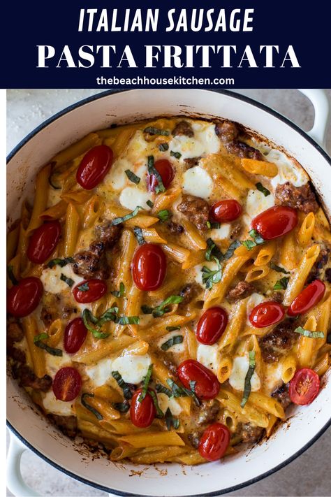 Looking for a recipe to use up that extra pasta you've got in your fridge? Try this Italian Sausage Pasta Frittata. It's a tasty 30-minute meal that's super easy for a busy night! Breakfast Sausage Pasta Recipes, Italian Frittata Recipes, Breakfast Pasta Recipes, Breakfast Pasta, Pasta Frittata, Italian Frittata, Sausage Marinara, Beach House Kitchen, Sausage Pasta Recipes