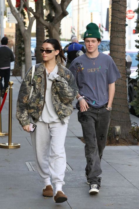 Madison Beer Jacket, Camo Puffer Jacket Outfit, Madison Beer And Nick Austin, Camo Hoodie Outfit, Hoodie Outfit Aesthetic, Nick Austin, Beer Hoodie, Camo Puffer Jacket, Madison Beer Outfits