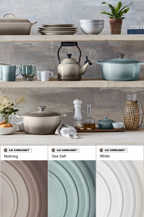 Le Creuset Mix And Match, Le Creuset Color Palette, Le Creuset Colors Combinations, La Crueset, Sea Salt Color Palette, Kitchen Connection, Sea Salt Color, Neutral Kitchen Colors, Earthy Kitchen