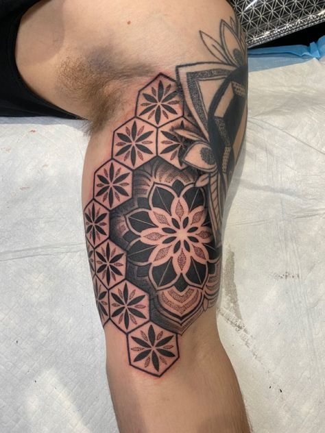 Intricate layered inner bicep geometry and mandala Geometric Inner Bicep Tattoo, Mandala Bicep Tattoo, Inner Biceps Tattoo, Tattoo Inner Bicep, Inner Bicep Tattoo, Geometric Mandala Tattoo, Bicep Tattoo, Skeleton Hand Tattoo, Geometric Mandala