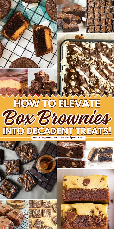 Learn how to elevate box brownies into decadent treats with surprisingly little effort! Fudge Brownie Box Mix Recipes, Recess Brownie Recipes, Brownie Ideas Desserts, Box Brownies Made Better, Chewy Brownies From Box How To Make, What To Do With Boxed Brownies, Chocolate Chip And Brownie Bars, Decadent Brownies Recipe, How To Improve Box Mix Brownies