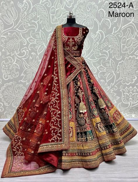 DesignByShivani - Etsy Bridal Lehenga Maroon, Maroon Bridal Lehenga, Double Dupatta, Velvet Lehenga Choli, Maroon Lehenga, Latest Bridal Lehenga Designs, Heavy Lehenga, Chic Prom Dresses, Sangeet Outfit