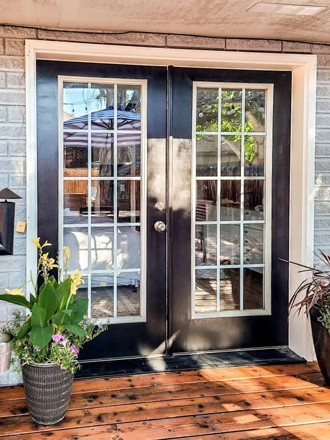 Backdoor Color Ideas, Black French Doors Exterior, Backdoor Ideas Back Doors, Black Patio Doors, Backdoor Ideas, Patio Doors Ideas, Black Exterior Paint, French Doors To Deck, Outdoor French Doors