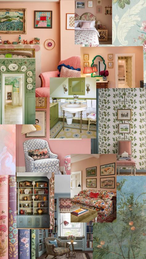 Green Pink Blue Bedroom, Pink Green And Blue Bedroom, Bright Cottagecore, Pink And Green Bedroom Aesthetic Vintage, Cottagecore Room Blue Walls, Blue Bedroom Cottagecore, Pink Blue Yellow Green Aesthetic Wallpaper, Colorful Cottagecore, Blue And Green Cottagecore Bedding