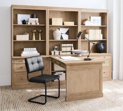 Livingston Peninsula Desk with 105" Bookcase Suite | Pottery Barn Office Interior Design Minimal, Minimal Office Interior Design, Minimal Office Interior, Minimal Office Desk, Minimal Office Decor, Minimal Office Space, Minimal Office Design, Desk Minimal, Office Modern Design