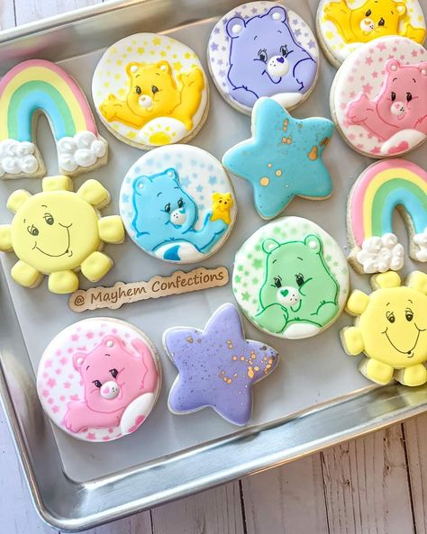 Care Bears Cookies, Care Bear Food Ideas, Care Bear Cupcakes, Care Bear Desserts, Care Bear Cookies Decorated, Care Bears Food Ideas, Care Bears Aesthetic Birthday, Care Bears Cookies Decorated, Carebear Birthday Party Ideas