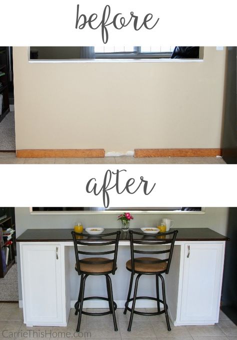 DIY breakfast bar before and after from CarrieThisHome.com Diy Breakfast Bar, Small Breakfast Bar, Duplex Ideas, Florida Kitchen, Redesign Ideas, Kitchen Bar Counter, Diy Breakfast, Kitchen Bar Design, Easy Weekend Projects