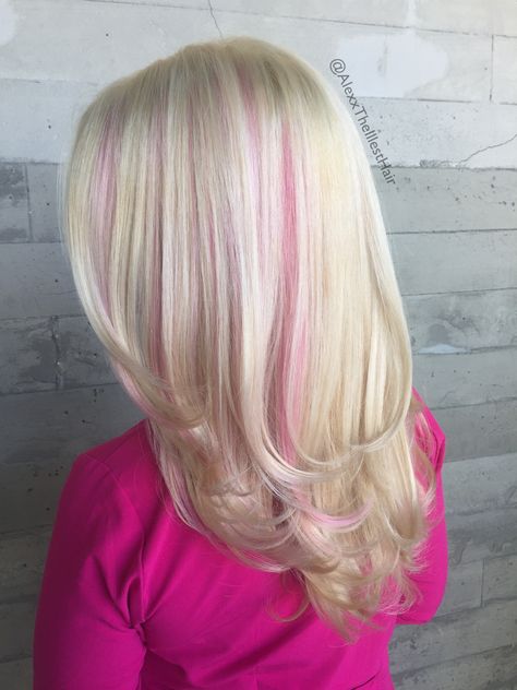 Blonde With Hidden Color, Pink Tinsel In Blonde Hair, Light Blonde Hair With Pink Highlights, Chunky Highlights In Blonde Hair, Blonde Hair Pink Peekaboo, Blonde Hair With Coloured Streaks, Barbie Pink Highlights, Light Pink Chunky Highlights, Platinum Blonde Hair With Pink Highlight