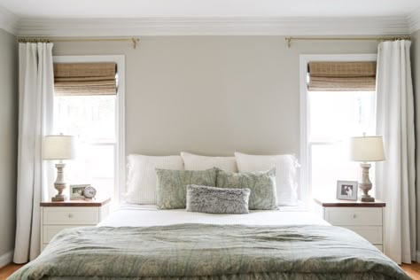 Bed Flanked By Windows, Bed Between Windows, Window Behind Bed, Ivory Curtains, Bedroom Sitting Room, Window Treatments Bedroom, Bamboo Shades, Bedroom Window, Window Bed