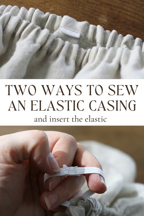 This tutorial will teach you two ways to sew an elastic casing – by folding the edge in twice, or using bias binding/tape. Either of these methods works well for waistbands, cuffs, leg openings, etc. Both ways has the elastic threaded into the casing, rather than being stitched directly to the fabric. This allows for easy elastic adjustments, or even replacing the elastic if ever needed. Adding Elastic To Dress, How To Sew Elastic In Sleeves, How To Sew Elastic, How To Put Elastic In Waistband, How To Sew Elastic To Fabric, How To Sew Elastic Waistband, Diy Nursing Dress, Sewing With Elastic, Elastic Waistband Tutorial