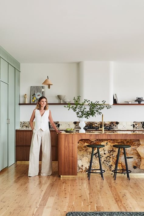 Yellow Kitchen Cupboards, Quartzite Kitchen Island, Charleston House, Custom Fireplace, Vintage Floor Lamp, Yellow Kitchen, Interior Stylist, Design Decor, Living Design