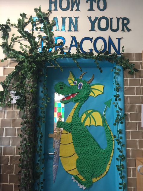 Dragon Door Decoration, Dragon Classroom, Gnome Classroom, Doors Decoration, Enchanted Forest Book, Monster Theme Classroom, Dragon Door, Classroom Aesthetic, World Book Day Ideas