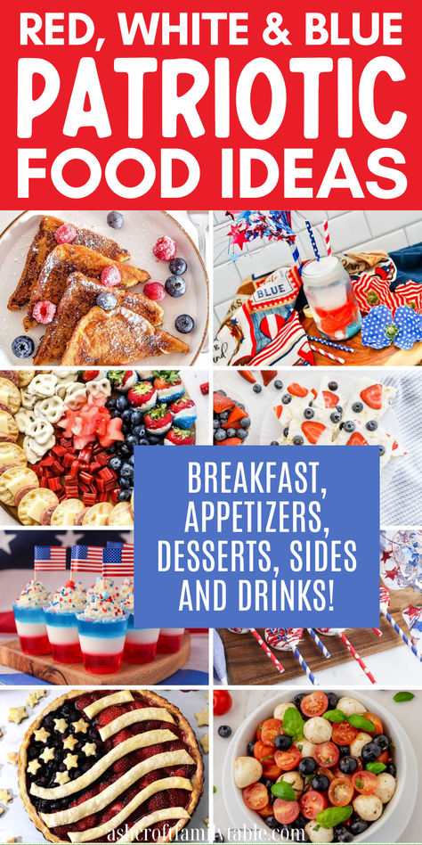 Collage of patriotic food ideas for Memorial Day. Memorial Day Food Ideas For Kids, Memorial Day Charcuterie Board Ideas, Memorial Side Dishes, 4th Pf July Food Ideas, Memorial Day Snack Ideas, Memorial Day Kids Food, America Themed Food, Memorial Day Themed Food, Food Ideas For 4th Of July Party