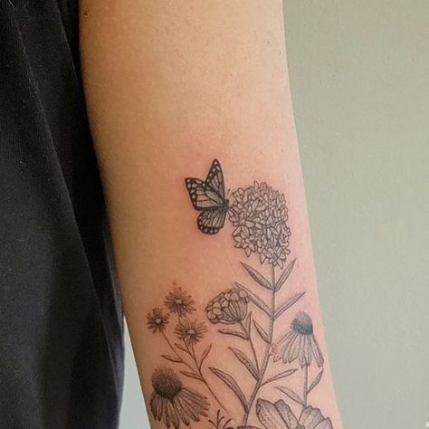 Sarah Seveney on Instagram: "Wildflower inner arm tattoo for @ameseck22, thank you Amy! Milkweed, blue aster, cosmos, and coneflowers, as well as a little butterfly, are all incorporated in this piece...floral tattoos forever ❤️ #butterflytattoo #flowertattoo  #travelingtattooartist  #blackandgreytattoos" Mn Wildflowers Tattoo, Milkweed Plant Tattoo, Wildflower Garden Tattoo, Garden Flower Tattoo, Butterfly Milkweed Tattoo, Wildflower And Butterfly Tattoo, Butterfly Bush Tattoo, Wildflower Leg Tattoo, Midwest Tattoo