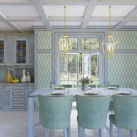 Kitchen dining room with gentle mint green and light tanzanite palette throughout Mint Green Dining Room, Green Dining Room Table, Green Dining Room, Dining Room Walls, Room Table, Dining Room Table, Kitchen Dining Room, Room Inspo, Mint Green