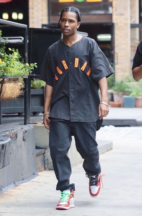 SPOTTED: A$AP Rocky in Air Jordan and Off-White x Air Jordan Sneakers Asap Rocky Fashion, White Jordan 1, Off White Jordan 1, Baseball Jersey Outfit, A$ap Rocky, Black Men Street Fashion, Men Street Fashion, Jordan Shirts, Asap Rocky