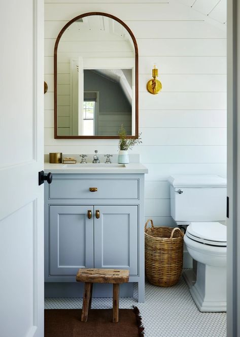 Brooke Wagner Design_Interior Design_Corona del Mar, California | Work (Title) Beachy Half Bath, Blue Ensuite, Small Beach Bathroom Ideas, Cape Interior, Small Beach Bathroom, Light Blue Vanity, Fun Bathrooms, Small Coastal Bathroom, Bungalow Bathroom