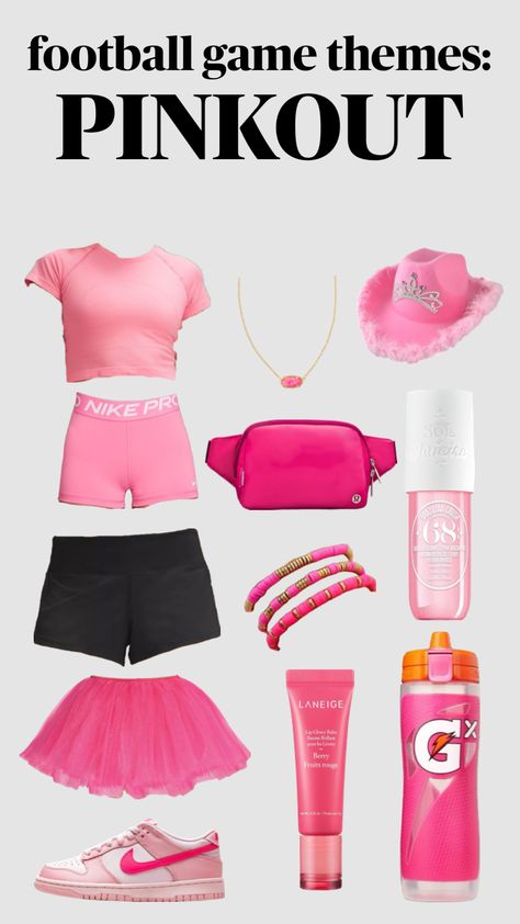 football game themes: pinkout #fyp #outfit #outfitinspo #football #backtoschool #pink #preppy #cute #soldejaneiro #lululemon #nike Pink Football Game, Senior Spirit Week, Football Game Themes, Football Game Fits, Football Friends, School Football Game, Football Game Outfits, High School Football Games, Pink Football