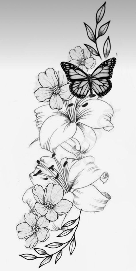 Flower Tattoos Ideas For Women, Lilies Flowers Tattoo Designs, Flower And Butterfly Tattoo Sleeve Stencil, Beautiful Half Sleeve Tattoos For Women, Half Sleeve Designs For Women, Peonie Flower Tattoo Designs, Flower Stencils Tattoo, Tattoos For Women Half Sleeve Unique, Cherry Blossom And Lily Tattoo