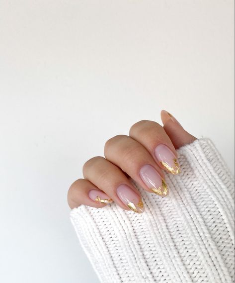 Almond shaped nails with Nude color and gold flakes on tips Almond Nails With Gold Flakes, Almond Nails With Gold, Nails Gold Flakes, Nails With Gold Flakes, Nude Almond Nails, Owl Nail Art, Owl Nails, Gold Chrome Nails, Paris Nails