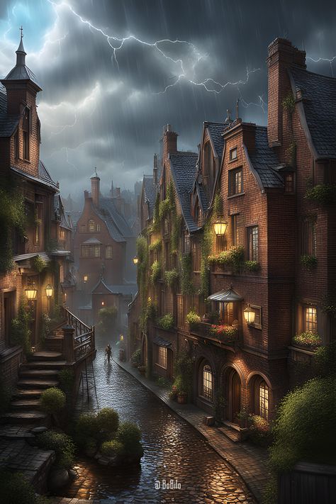 Charming Rainy Cityscapes: Explore Moody Urban Art Fantasy Concept Art Environment, Dark Village, Rain Village, Fantasy Cityscape, Dnd Places, Become A Writer, Fantasy Cottage, Concept Art Environment, Rainy City