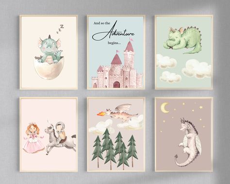 Add a touch of enchantment to your home with our Fairytale Dragons Nursery Wall Art Prints! A collection of vibrant, watercolor graphics depict mythical creatures, sleeping dragons, and castles, inviting a sense of adventure into any space. This set is perfect for lovers of dragon nursery decor and those dreaming of far-off lands and magical fairytales.  Easily print from home and frame yourself!  ----------------------------- PLEASE NOTE: - This is a DIGITAL DOWNLOAD and no physical item will b Mythical Nursery Theme, Fairy Tale Nursery Theme, Fairytale Nursery Theme, Fantasy Nursery Artwork, Fairytale Dragon, Dragon Nursery Girl, Dragons Nursery, Whimsical Kids Room, Fairy Tale Nursery