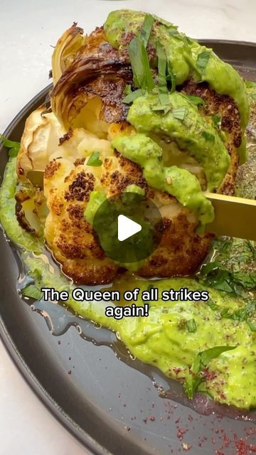 RUHAMA SHITRIT on Instagram‎: "ROASTED CAULIFLOWER WITH AVOCADO Z’AATAR DRESSING! 🥑 This is one of the dishes that you make and you understand that veggies are the most beautiful things on earth! 🤩 This roasted cauliflower with avocado dressing will blow your mind! It’s beautiful, It’s VEGAN and SO DELICIOUS!  Shabbat shalom✨ Follow @ruhamasfood for more🤍 RECIPE 👇  . . כרובית צלוייה עם רוטב אבוקדו זעתר!  מתכון בתגובות🤍 . . Recipe: Ingredients- 1 small cauliflower, cut to half  5 tablespoons of olive oil  1 teaspoon of salt   Ingredients for the avocado dressing- Handful of parsley leaves  Handful of dill leaves  1 avocado, cut to half Juice from half lemon  1 garlic clove  1 teaspoon of za’atar  1 teaspoon of salt  3/4 cup of cold water  Put all the ingredients in a small food process Roasted Sweet Potato Cubes, Avocado Recipes Dinner, Avocado Dishes, Parsley Leaves, Roasted Cauliflower Recipes, Cauliflower Dishes, Avocado Dressing, Small Food, Diner Recept