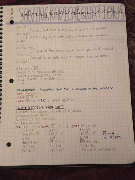 Algebra: Solving Radical Equations Notes Solving Equations Notes, Intermediate Algebra College, Advanced Algebra Notes, Freshman Algebra Notes, Algebra One Notes, Algebra Study Notes, Algebra Notes High Schools, Honors Algebra 2 Notes, Math Study Notes Algebra 1