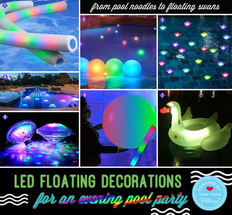 LED and Battery-powered Pool Decor for Evenings Glow Pool Party Summer Nights, Disco Pool Party Decorations, Neon Glow Pool Party, Night Swim Party, Glow Pool Party Ideas, Pool Party Neon Night, Sweet Sixteen Pool Party, Night Pool Party Decorations, Night Time Pool Party